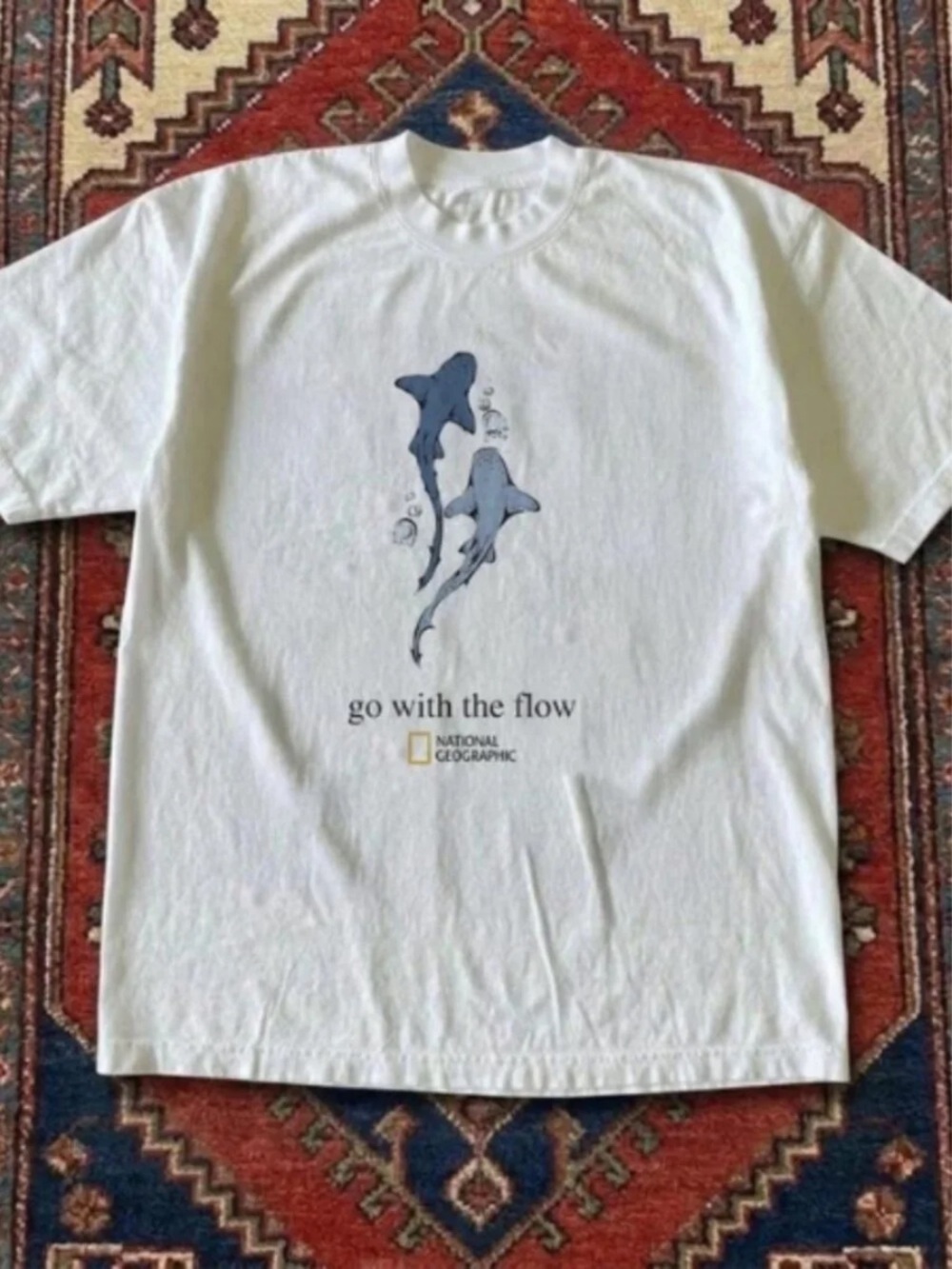 White Short-Sleeve Tee with Blue Shark Graphic